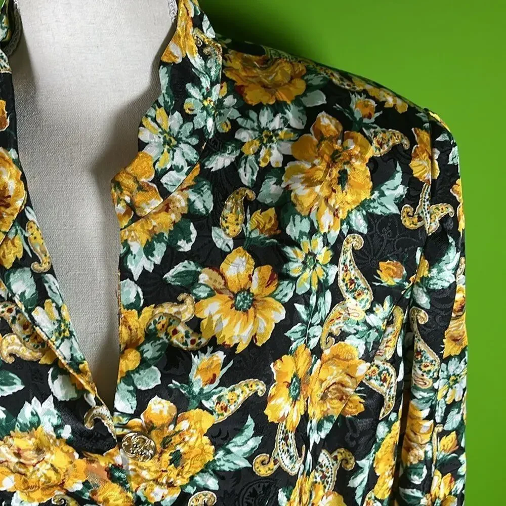 Leslie Fay Vibrant Floral Black Yellow Green Jacket Size 18 - Picture 2 of 9